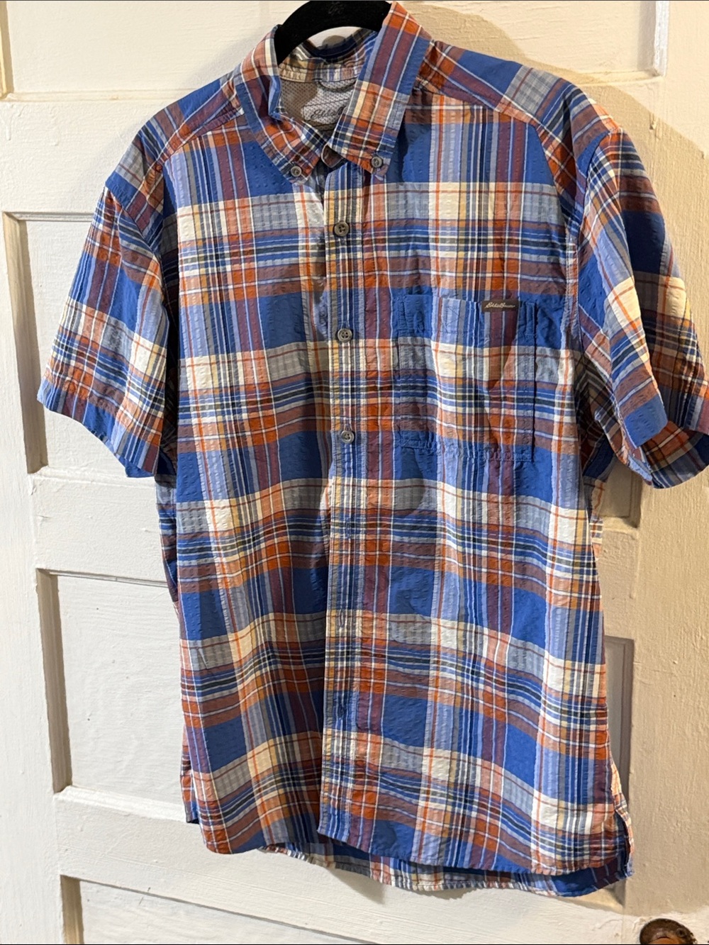 Eddie Bauer Short-Sleeve Plaid Button-Down Shirt - Blue, Brown & White. Wet dry